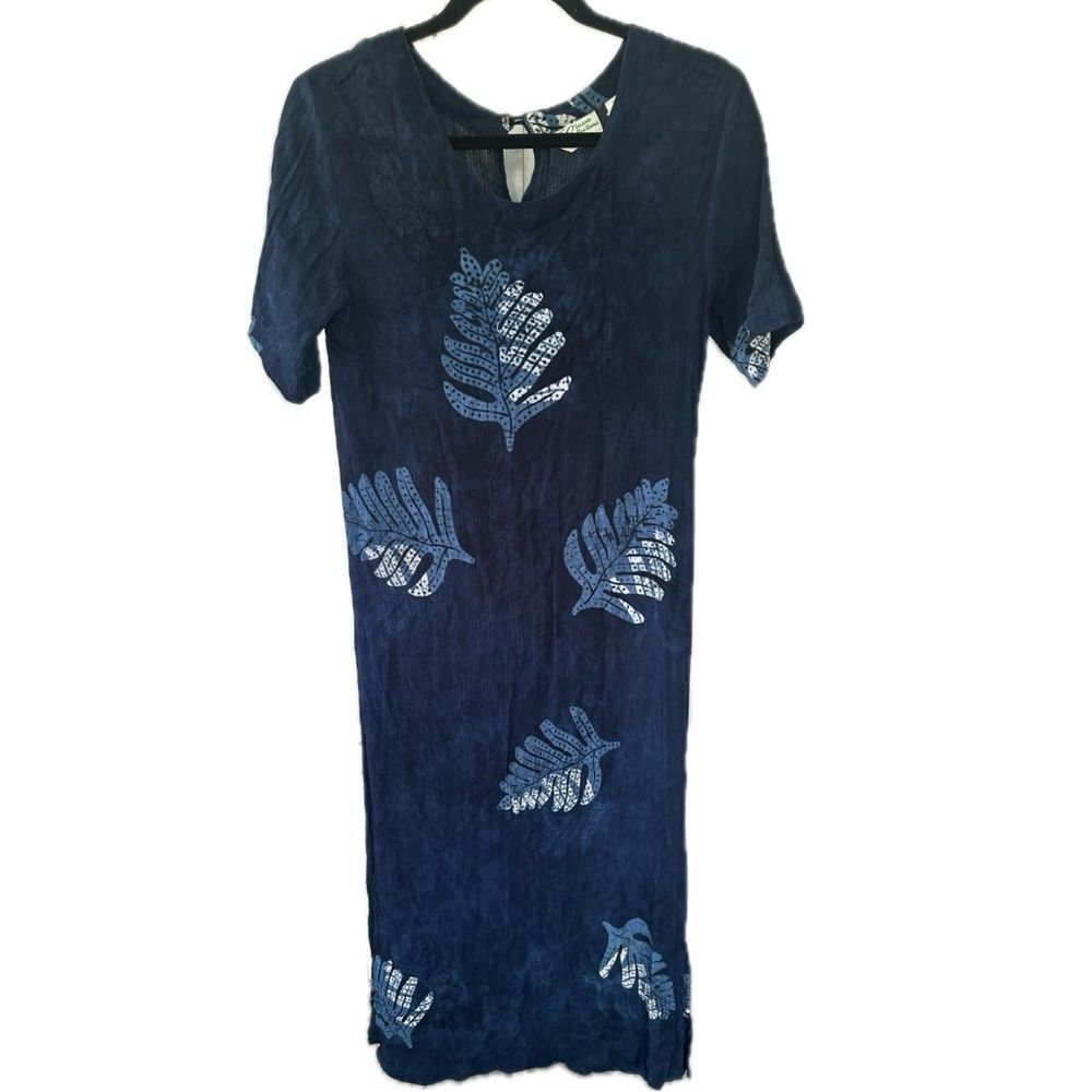 Island Collections Hawaiian Aloha Tropical Leaves Crinkle Midi Dress Vacation XS